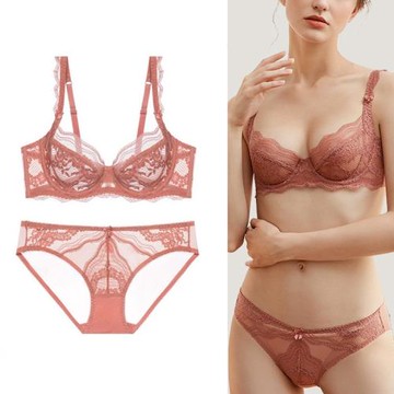 純欲性感惑超薄內衣女套裝蕾絲透明收副乳文胸罩大碼聚攏大胸顯小