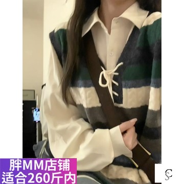 【XL-8XL大尺碼】👩針織馬甲 秋冬馬甲 學院風 秋冬穿搭胖MM大碼奶係穿搭甜美條紋背心馬甲毛衣針織衫兩件套綁帶襯衫