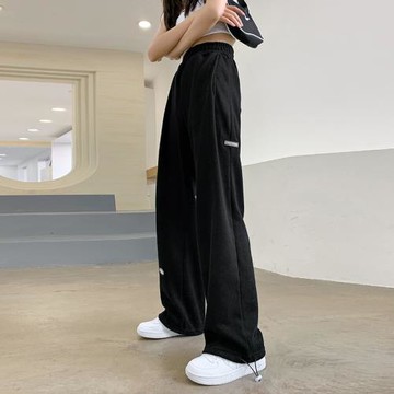 運動褲女春秋ins潮寬松工裝衛褲闊腿黑色2023新款褲子加長高個子