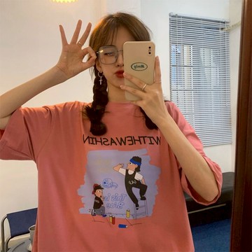 正肩短袖T恤女新款夏原宿風寬松顯瘦設計感半袖百搭上衣