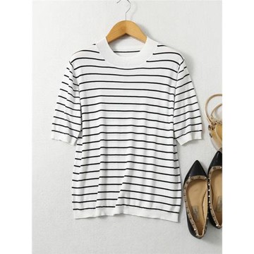 春夏絹絲棉針織圓領細條紋上衣寬松夏季女裝套頭桑蠶絲撞色短袖