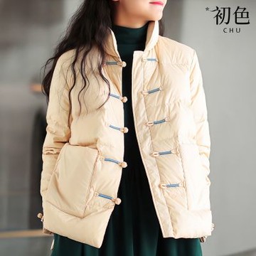 初色 民族風短款寬鬆撞色單排盤扣立領長袖羽絨外套女外套-共4色-16556(M-2XL可選)
