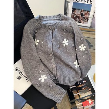 灰色刺繡花朵毛衣開衫女2025春秋新款韓系高級感慵懶軟糯針織上衣