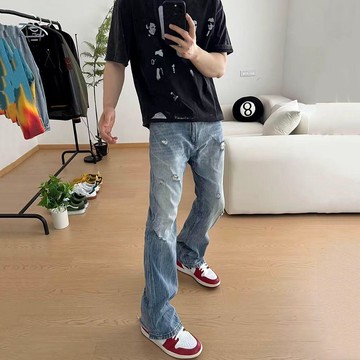 美式復古藍色破洞牛仔褲男夏季薄款歐美高街vibe褲子直筒微喇叭褲 百搭休閑長褲男生牛仔褲 顯瘦