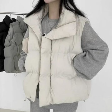 韓國chic秋冬百搭氣質翻領拉鏈大口袋寬松休閑羽絨棉服馬甲外套女