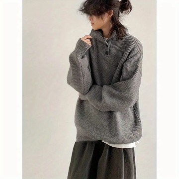【T-2】❤日系復古百搭半高領毛衣寬松BF風純色針織衫情侶套裝