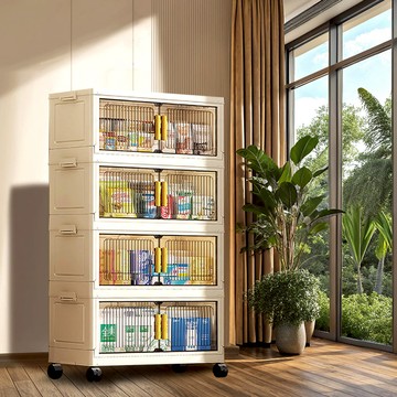 60面寬豎紋摺疊磁吸雙開門四層收納櫃-附滑輪 兩款可選 024491 60面寬【四層-透黑+不透明面板】