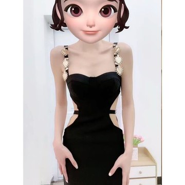 氣質名媛高端晚禮服小眾性感辣妹修身顯瘦黑色鏤空吊帶連衣裙女夏