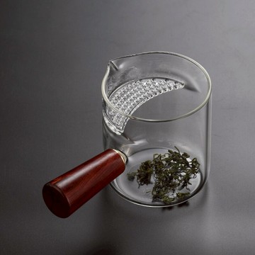 側把玻璃公道杯木柄分茶器小號月牙公杯茶漏一體過濾透明功道茶杯