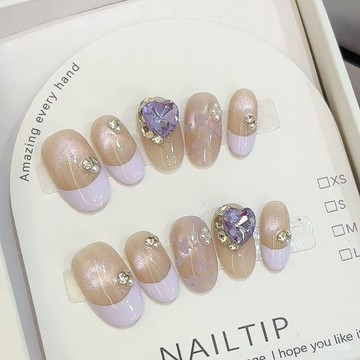 ✨Hannah✨純手工[淡紫]新中式印花新 款春季溫柔設計感法式粘鑽穿戴甲精緻穿戴甲 REYO