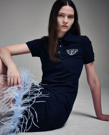 MARDI MERCREDI 鴕鳥毛滾邊洋裝 海軍藍 刺繡LOGO 休閒 OSTRICH MINI DRESS PIQUET