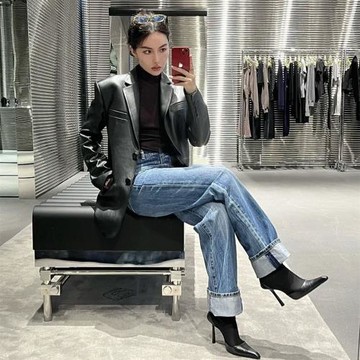 2023秋冬新網紅黑色高跟鞋女尖頭細跟性感皮帶扣襪靴彈力靴瘦瘦靴