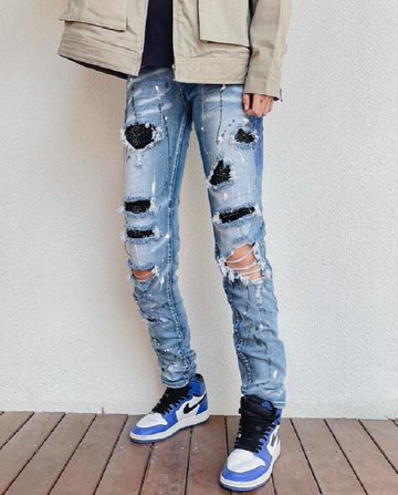 FINDSENSE X 2024 男士 街頭潮流 藍黑 補丁破洞 鑲鉆 修身彈力 直筒牛仔褲 小腳褲