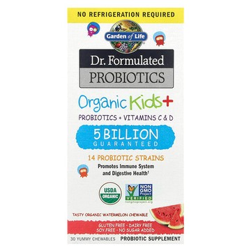 Garden of Life, Dr. Formulated 益生菌，有機兒童 + 益生菌 + 維生素 C 和 D 咀嚼片，可口有機西瓜味，30 片美味咀嚼片