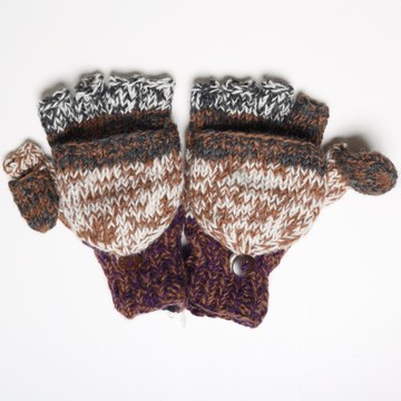 咖調漸層條紋翻蓋手套卡其配色純羊毛線手工編織搖粒絨全內襯保暖
