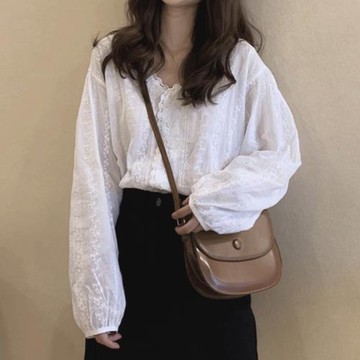 長袖蕾絲襯衫女內搭打底鏤空上衣服2025新款春季V領寬松洋氣雪紡