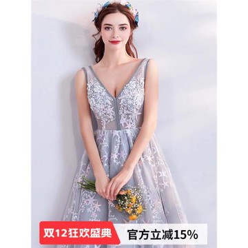 天使嫁衣灰色深V領藝考走秀宴會舞臺演出婚紗晚禮服7018批發