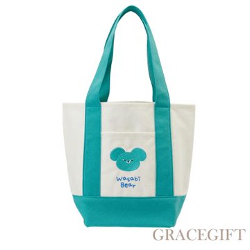【Grace Gift】Wasabi Bear-芥末熊撞色口袋肩背帆布包 藍綠