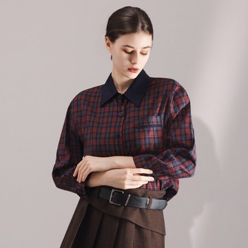 【ICare】學院風撞色蘇格蘭格紋襯衫(M-L) | 女休閒上衣 長袖襯衫