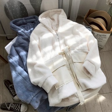 冬季寬松連帽中長款仿水貂絨毛呢外套 L#121入