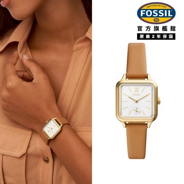 【FOSSIL 官方旗艦館】Colleen 爵士女伶復古女錶 金色真皮錶帶 28MM BQW3909