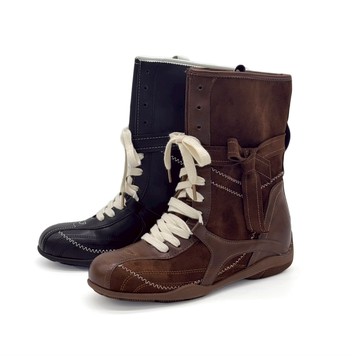 短靴 馬丁靴 拳擊靴 復古街頭拼接復古機能運動德訓綁帶靴馬汀靴拳擊靴ROBINLO (BRIANNE 墨影黑/可可棕)