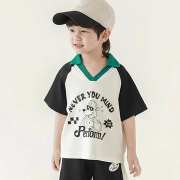 TONGMO - 純棉撞色翻領短袖上衣-小狗-拼袖黑