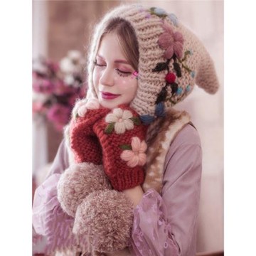 2023秋冬新款女復古個性尖頂精致刺繡冬季針織女巫大毛球毛線帽子