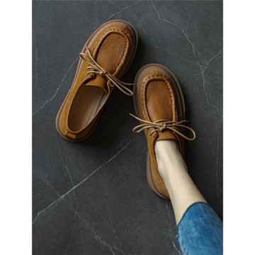手工真皮~小眾設計~厚底系帶單鞋女春秋新款英倫風復古休閑小皮鞋