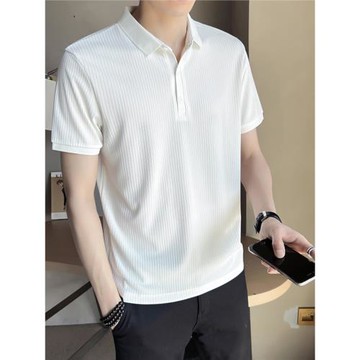 冰絲條紋短袖Polo衫男夏季男裝2024新款衣服男潮流高級感翻領t恤