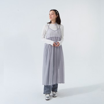 金蔥網紗設計細肩綁帶長罩衫-灰