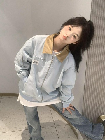 美式復古外套女春秋2024新款潮牌撞色翻領寬松情侶夾克棒球服開衫【淘夢屋】