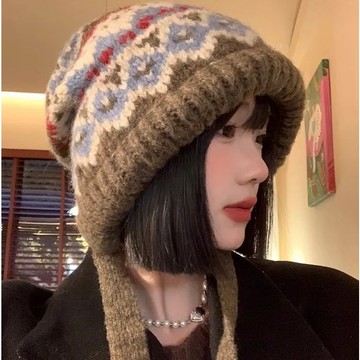 復古費爾島帽子 費爾島針織帽子 包包帽 一帽兩用 保暖 毛線帽子 女帽 保暖帽 大頭圍 大帽子 帽子毛線帽
