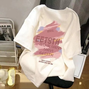 免運 夏天衣服 重磅純棉 短袖上衣 白色 t恤女 女裝 個性 設計感 短袖t恤女 韓風 印花 寬鬆 大尺碼 0021