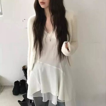 2025春新款韓國不規則設計蕾絲磨邊吊帶連衣裙女百搭氣質顯瘦裙子