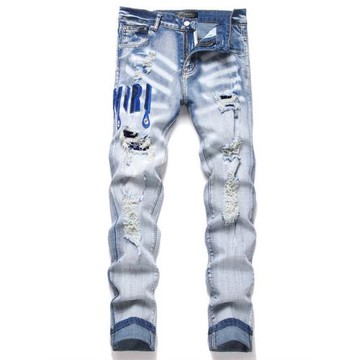 美式高街青少年輕奢修身牛仔褲男彈力小腳破洞休閑補丁高端長褲子