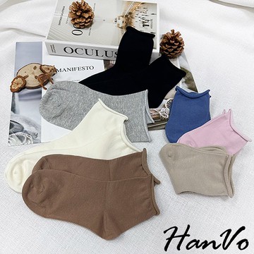 【HanVo】日常微捲邊多色素面中筒襪 韓系簡約百搭舒適柔軟棉質襪 韓國潮流時尚休閒襪 女生配件 A12-6171