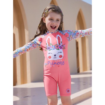 Xiazhilian - 女寶防曬長袖連身泳裝套裝(附帽子)-花圈兔兔-粉色
