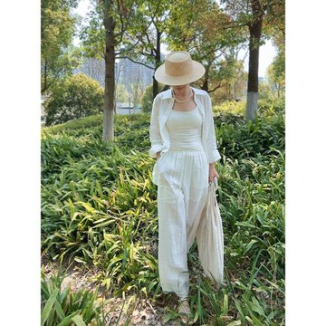 LSD麻料寬松闊腿長褲拖地褲慵懶隨性長褲松緊腰顯瘦褲子直筒休閑