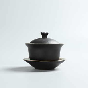 恬靜  日式禪風黑粗陶蓋碗 泡茶小蓋碗 陶瓷三才碗 功夫陶瓷茶碗