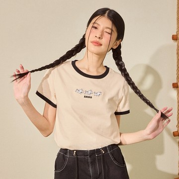 CACO-小白羅紋撞色上衣‧情侶款-女【J2SC001】