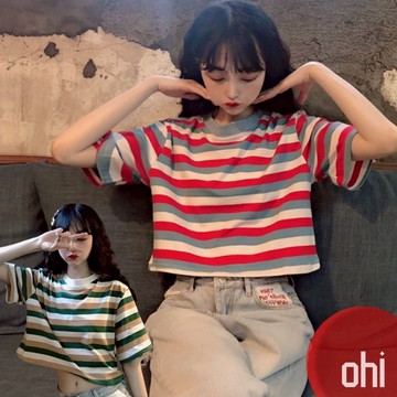 【ohi】條紋短袖T恤 女學生短款露臍上衣 短袖上衣 顯瘦百搭上衣T恤 夏天衣服 T恤 上衣 女裝 GTW9910