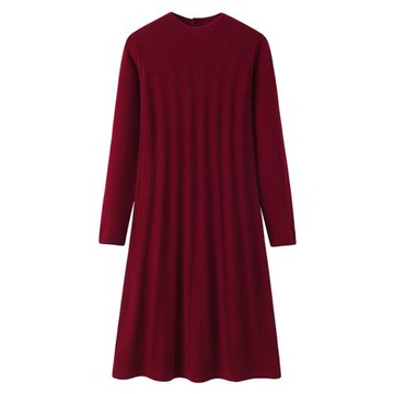 鄂爾多斯市產100純羊絨裙女圓領中長款A字大擺秋冬毛衣裙E3456