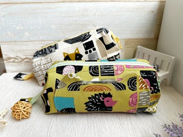 幾何貓咪與刺蝟 貓耳朵造型大容量拉鍊筆袋 化妝包 手作收納包
