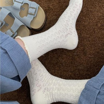 jk奶白色小腿襪女秋冬針織鏤空木耳邊百搭灰色堆堆襪黑色中筒女襪