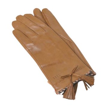 DAKS 品牌字母LOGO圖騰經典格紋滾邊流蘇造型羊革手套(深駝色/24.5CM)