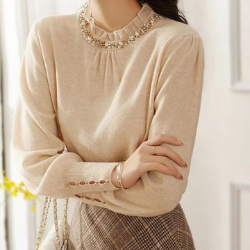 La Belleza簡約立領拼接荷葉網紗領内搭針織毛衣領口重工珠釘滾邊袖開叉珍珠高級感OL彈性針織