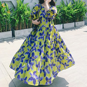 【巴黎精品】現貨+預購 高級法式長洋裝中長裙洋裝連身裙子A字裙大碼寬鬆休閒女裝-V領印花女裙子a1ku20