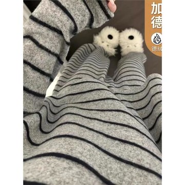 韓系簡約黑色條紋德絨睡衣女秋冬季新款保暖寬松可外穿家居服套裝