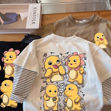 台灣出貨 兒童長袖上衣 童裝 男童上衣 秋季上衣 假兩件春秋季2025新款小奶龍兒童卡通動漫長袖T恤中小童打底上衣